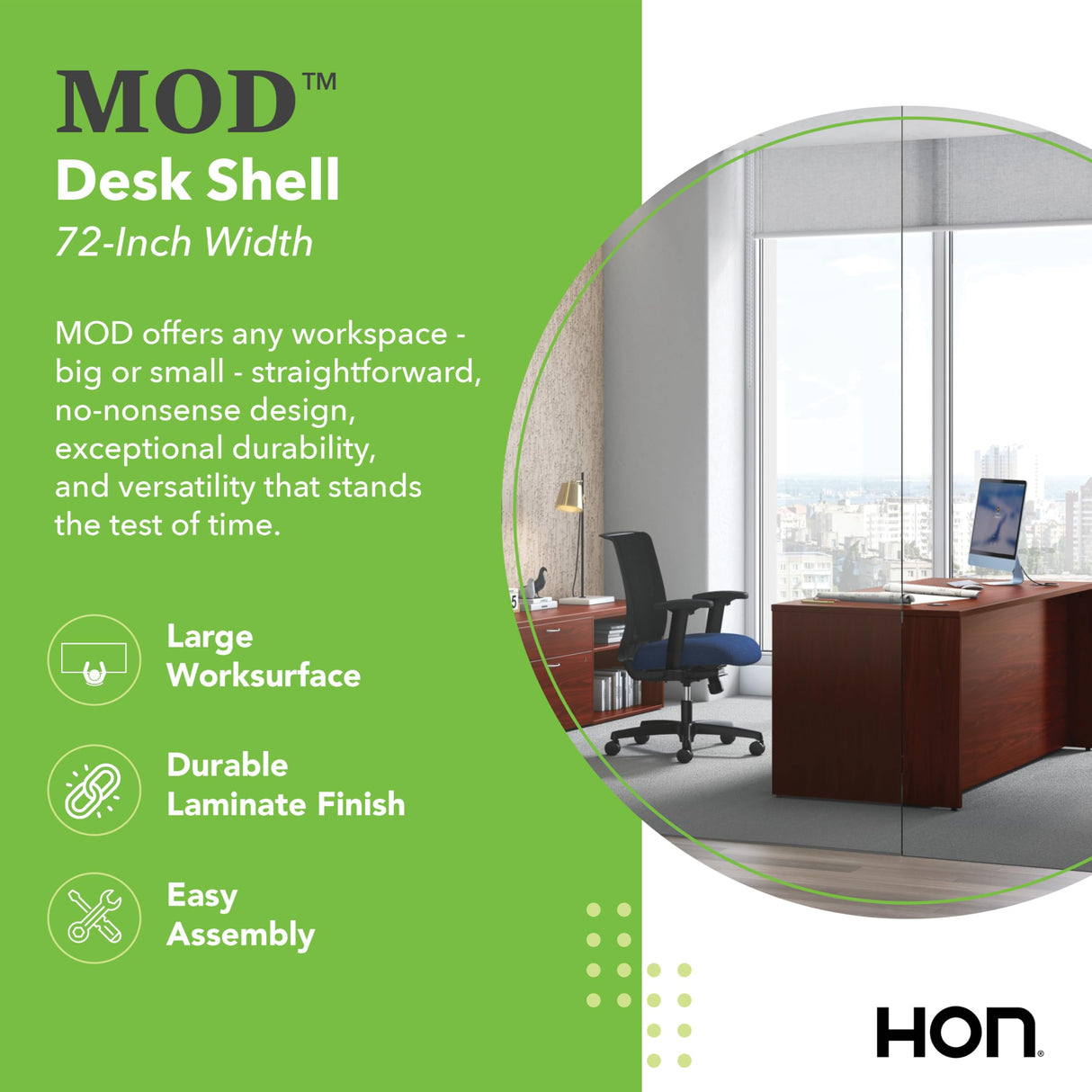 HON MOD Executive Desk 72-Inch Large Computer Desk Shell, Thick Wooden Laminate, Modern Table with Cord Management, 72" W x 30" D x 29" H, Traditional Mahogany HON