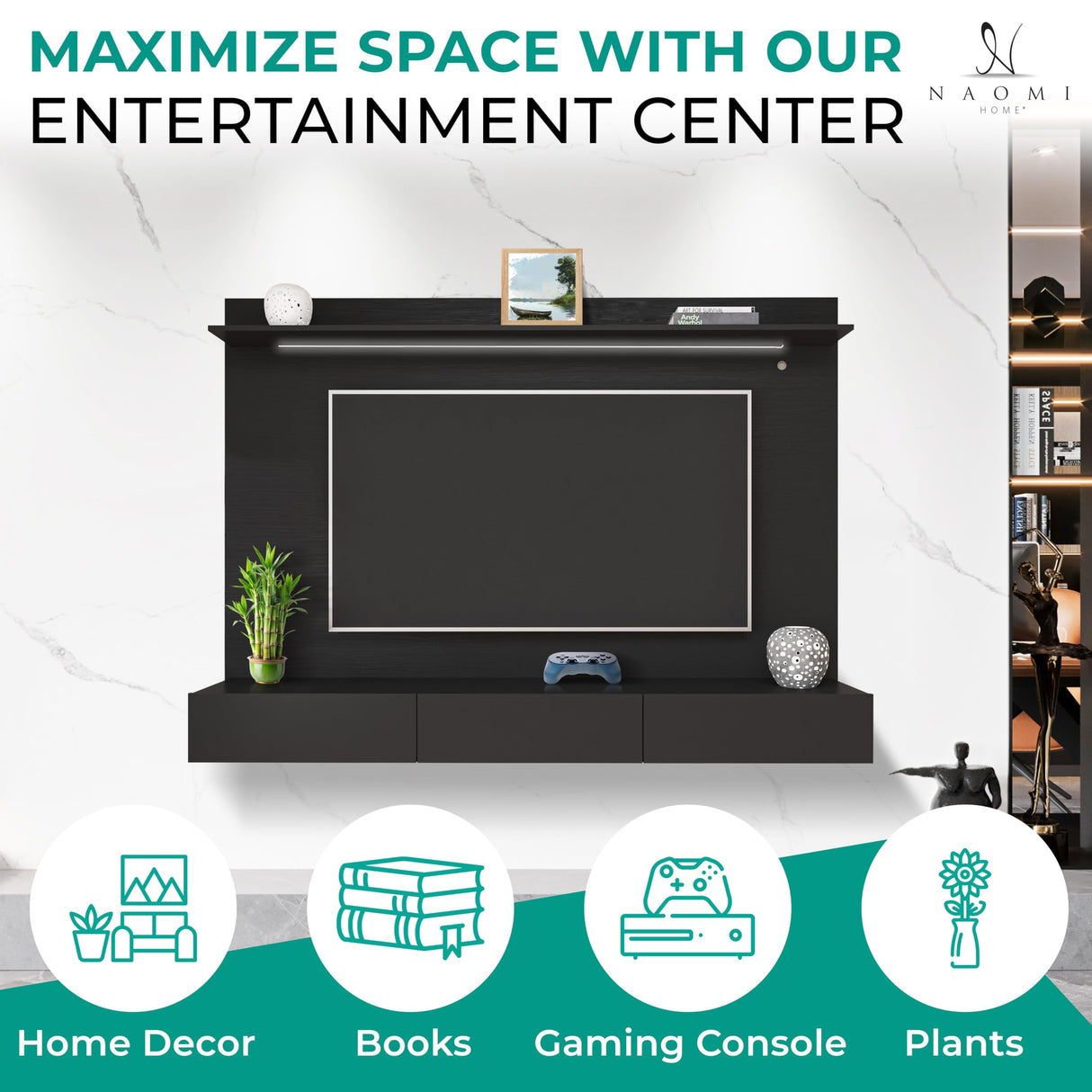 Modern Freestanding Floating Entertainment Center Floating TV Stand Wall Mounted TV Wall Panel for 70 inch TVs Home Theater with LED Strip Pull - Out Drawers and Overhead Shelf Black Naomi Home