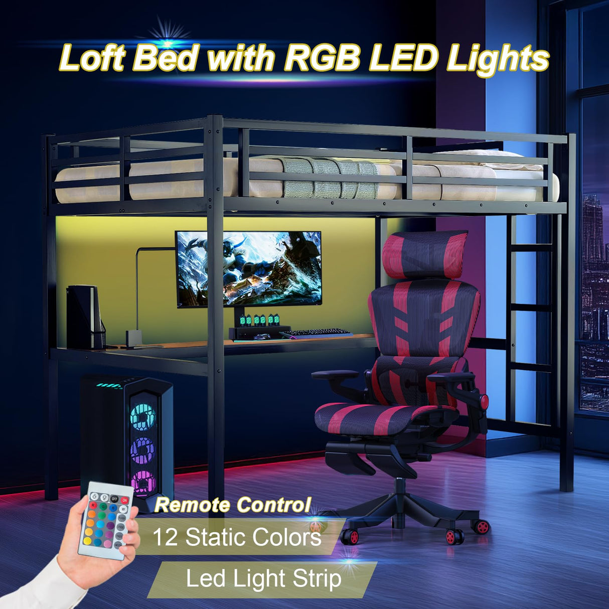 XUWANSHANG Loft Bed Full Size with Desk, Metal Heavy Duty Loft Bed with LED Lights, USB Port, Full Loft Bed Frames for Kids, Junior, Adults, Space Saving, Noise Free (Black, Full) XUWANSHANG