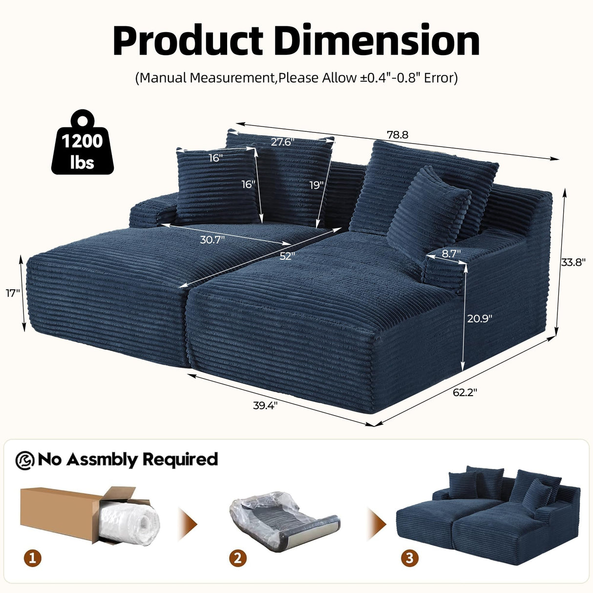 ComeWay 78" Oversized Double Lounge Chaise, Fluffy Upholstered Boneless Cloud Couch No Assembly Required with 4 Pillows, Modern Corduroy Loveseat Sleeper Sofa for Living Room Bedroom Reading, Blue ComeWay