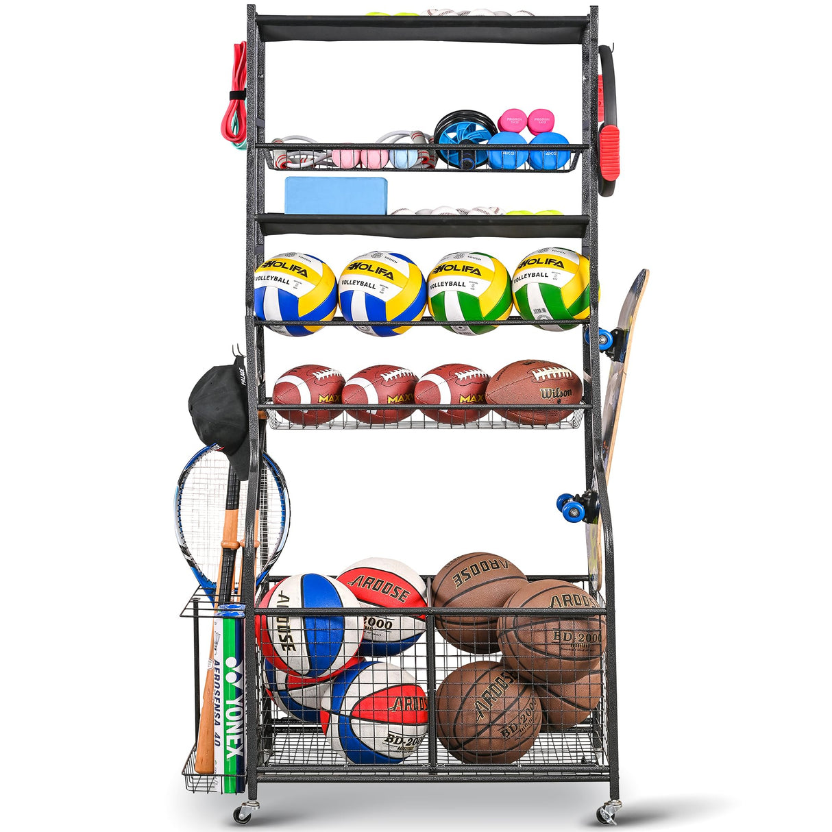 Mythinglogic Garage Sports Equipment Organizer, Ball Storage Extra Large Capacity Six Tier Sports Organizer for Garage, Basketball Rack with Hooks and Baskets for Football, Soccer Ball, Bat, Toys Mythinglogic
