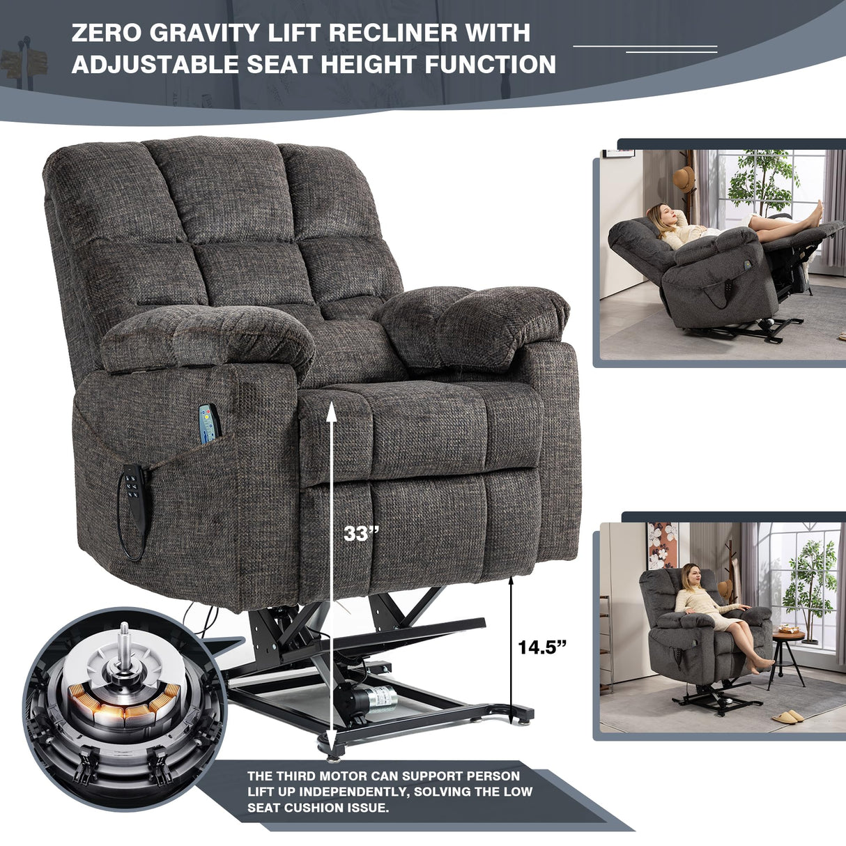 REHOUSING Oversized Power Lift Recliner Big Man 400lbs, Extra Wide Recliner Chair with Lifts Vertically for Elderly, Features Cup Holder, Heat and Massage, Zero Gravity Lay Flat for Adults (Grey) REHOUSING