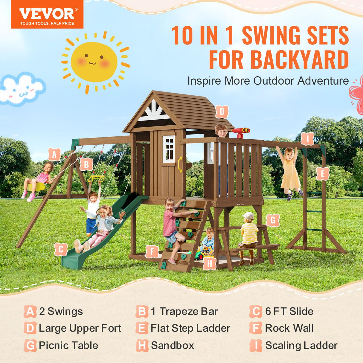 VEVOR Wooden Swing Set, 10 in 1 Playground Sets for Backyards, 2 Swings, 6FT Slide, Trapeze Bar, Flat Step Ladder,Large Upper Fort with Kitchen Toys, Rock Wall, Picnic Table, Sandbox, Scaling Ladder VEVOR