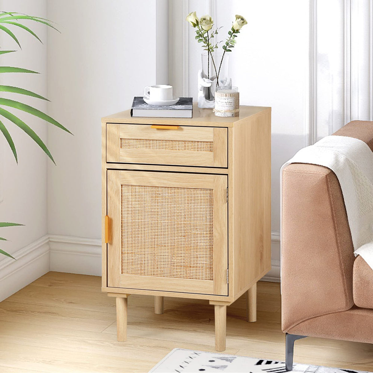 STHOUYN Nightstand Set of 2 with Drawers, Boho Night Stands Set of 2, Bed Side Tables Bedroom Set of 2, Oak Rattan Nightstand End Tables Small Space (Natural Rattan) STHOUYN