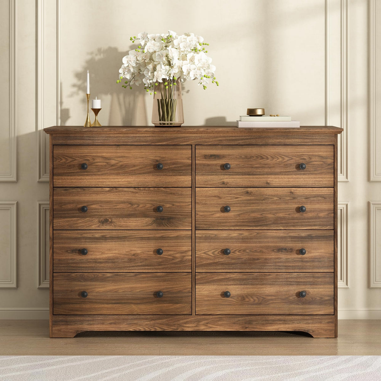 BAZELOR Dresser for Bedroom, 8 Drawer Dresser with Large Drawers, 55 Inch Wide Wood Chest for Living Room, Hallway, Walnut BAZELOR