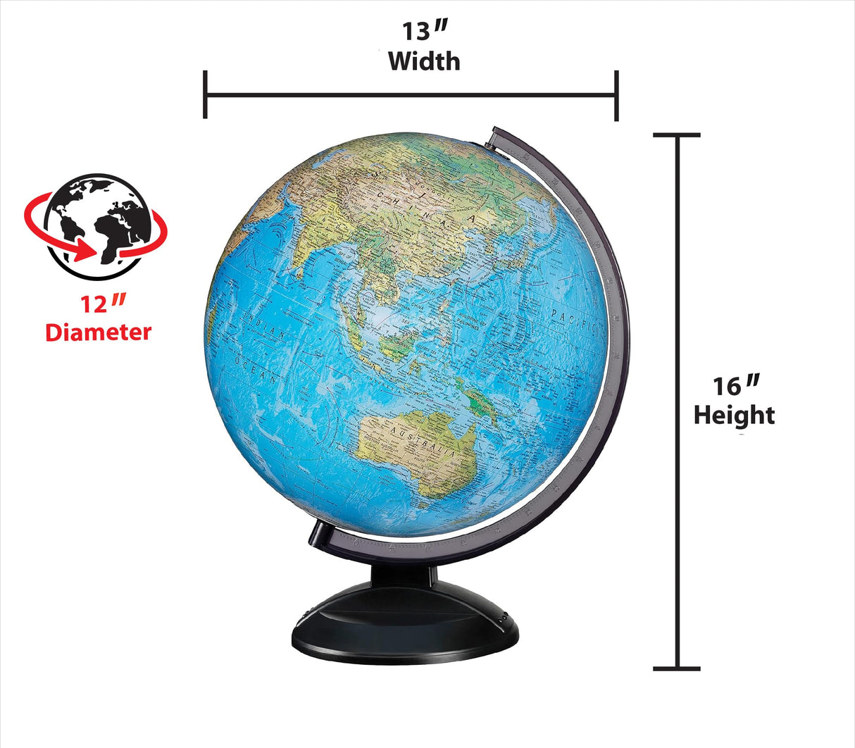 Replogle Ready to Assemble World 12" Diameter Globe, USA Cartography, Modern Acrylic Globe Stand and Blue Ocean Globe Ball. Easy to assemble globe that shows both Political and Vegatative information including political borders and provincial borders, maj Replogle