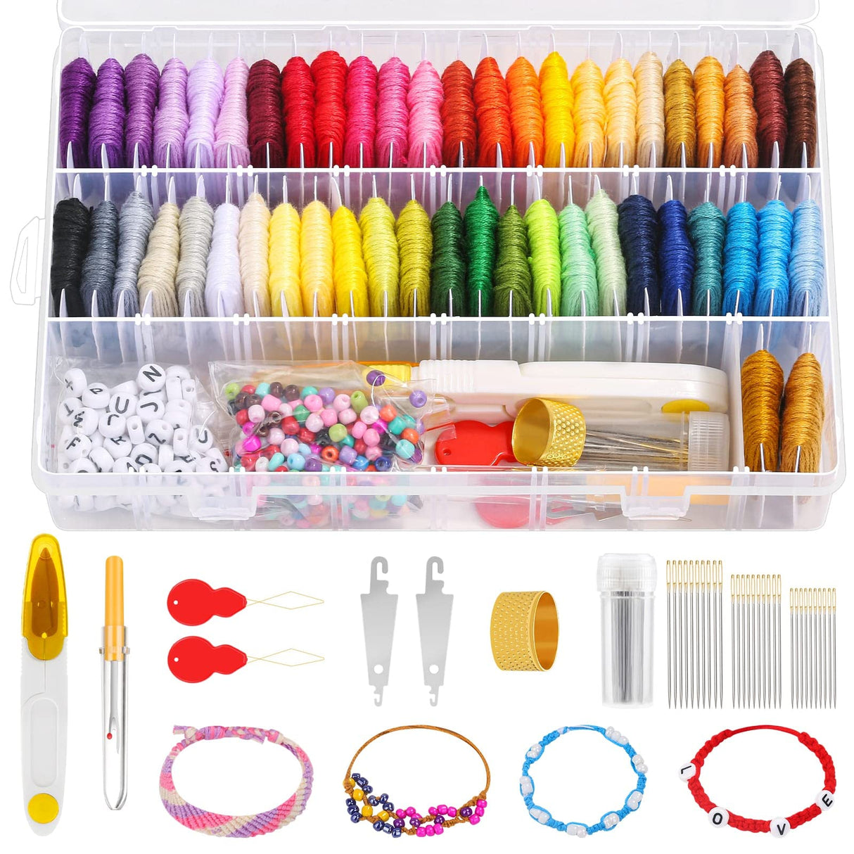 PAXCOO 488Pcs String Bracelet Making Kit, Friendship Bracelet String Kit with 50 Skeins Embroidery Floss Cross Stitch Thread, 400Pcs Friendship Bracelet Beads, 37Pcs Embroidery Tools PAXCOO