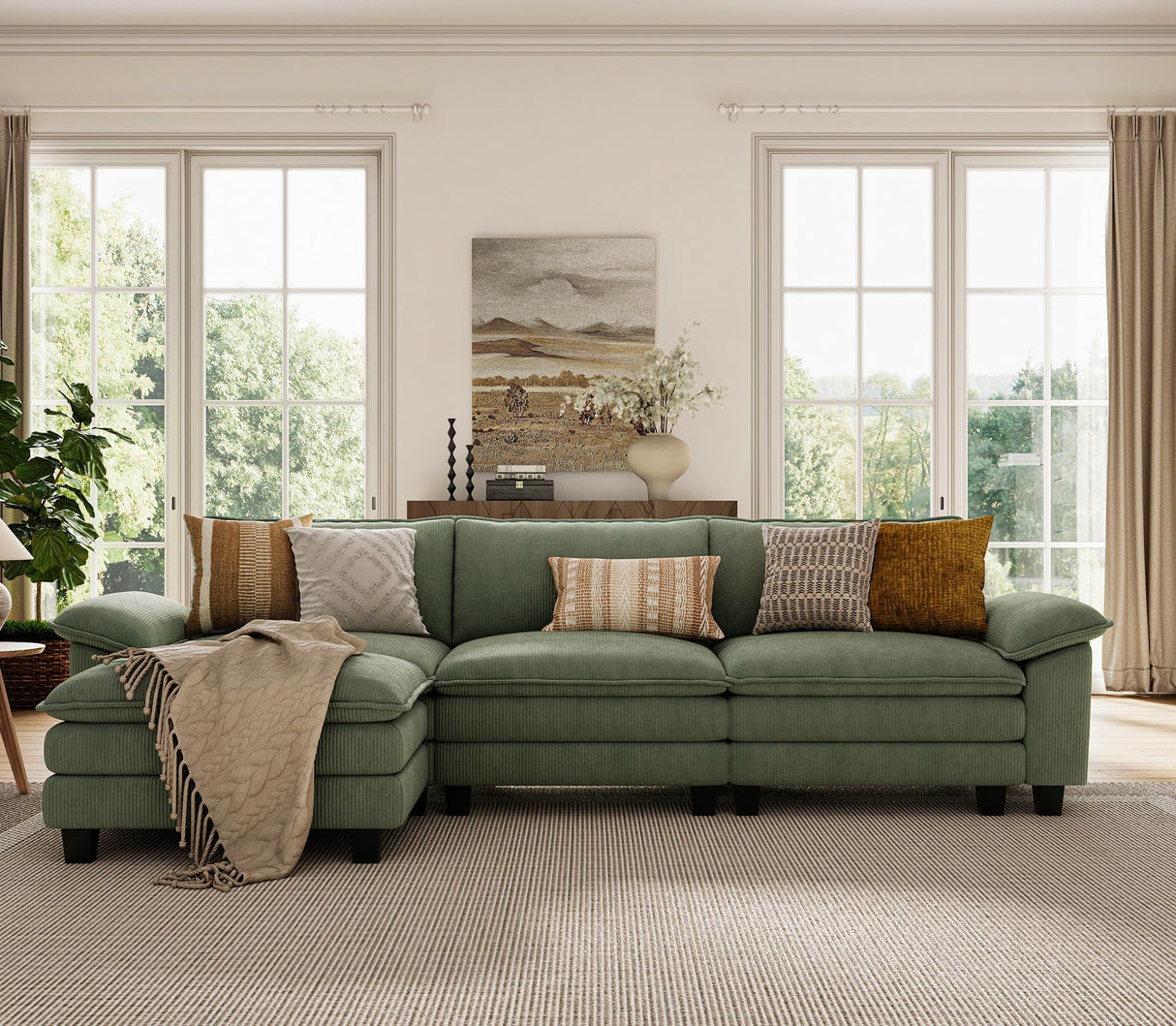 LINSY HOME 123'' Modular Sectional Sofa Green Couch Corduroy Cloud Couches for Living Room, L Shaped Couch with Movable Ottoman, Modern Cloud Sectional Sofas for Bedroom and Apartment, Green LINSY HOME