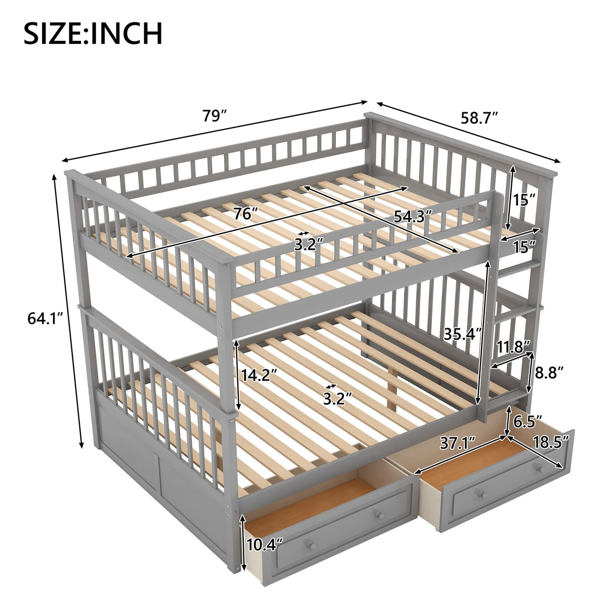 FAROUCHE Full Over Full Bunk Bed with 2 Storage Drawers, Sturdy Solid Wood Bunk Bed Frame with Ladder and Guardrails, Can be Convertible into 2 Platform Bed, Easy Assembly, Grey FAROUCHE