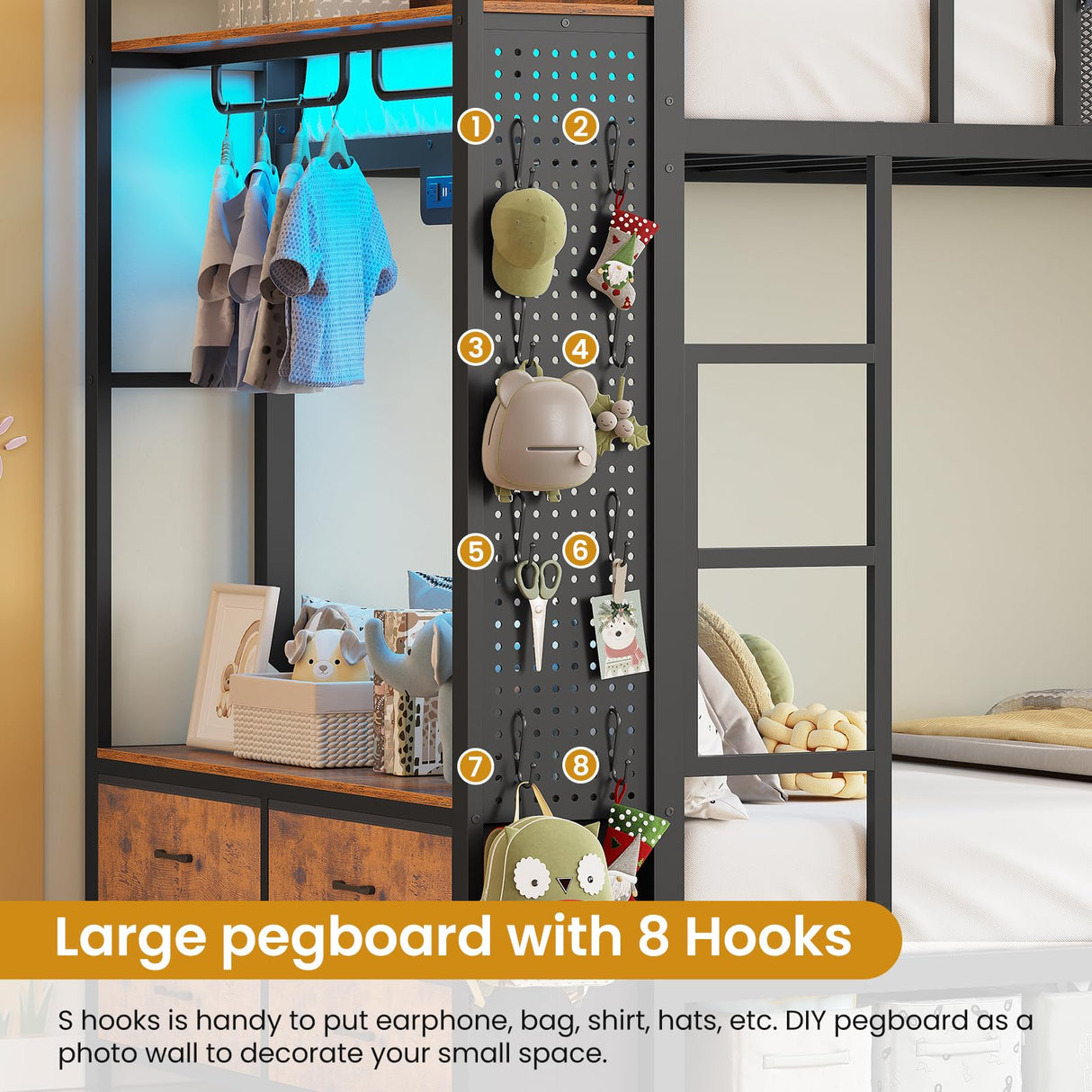 Itaar Metal Bunk Bed Twin Over Twin with Hall Tree, Power Outlet, LED Bunk Bed with 4 Storage Drawers, Bed with Safety Guardrail & Ladders, No Box Spring Needed, Easy Assembly, Rustic Brown Itaar