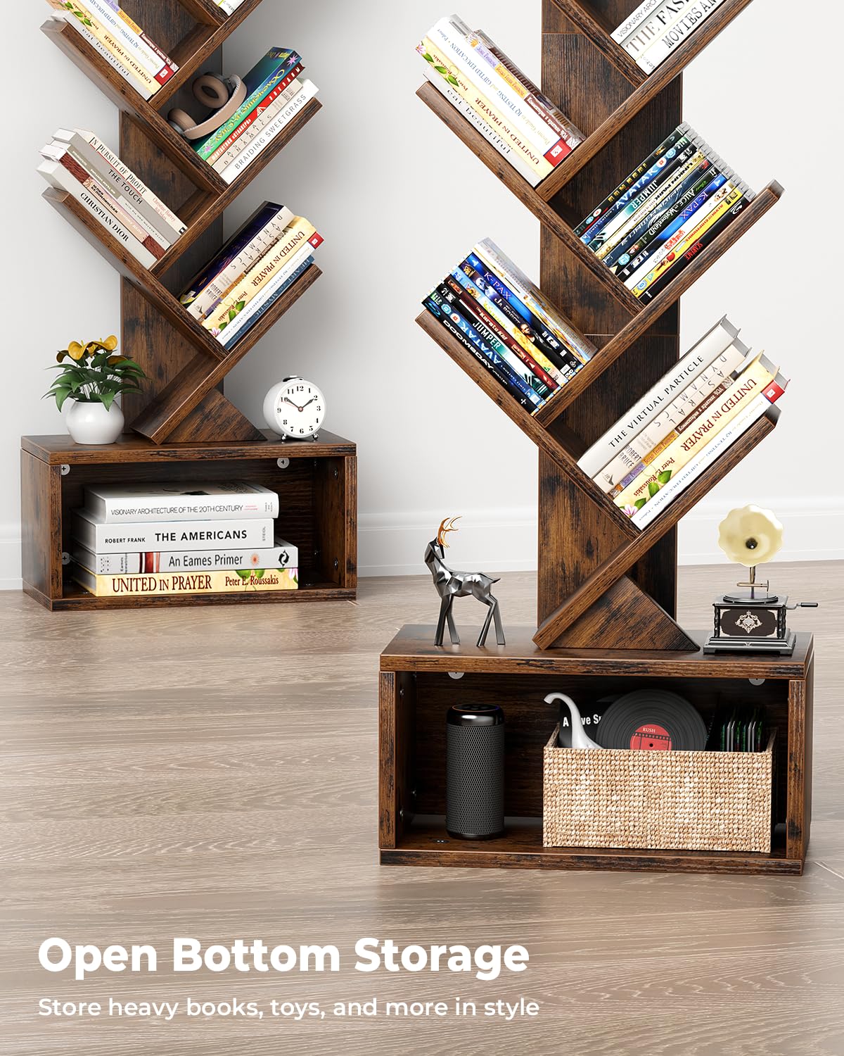 Evermagin 6 Tier Tree Bookshelf with Smart Light, Small Bookcase Tower with Remote Control, Tall Floor Standing Book Organizer for Living Room, Bedroom & Home Office, Rustic Brown Evermagin