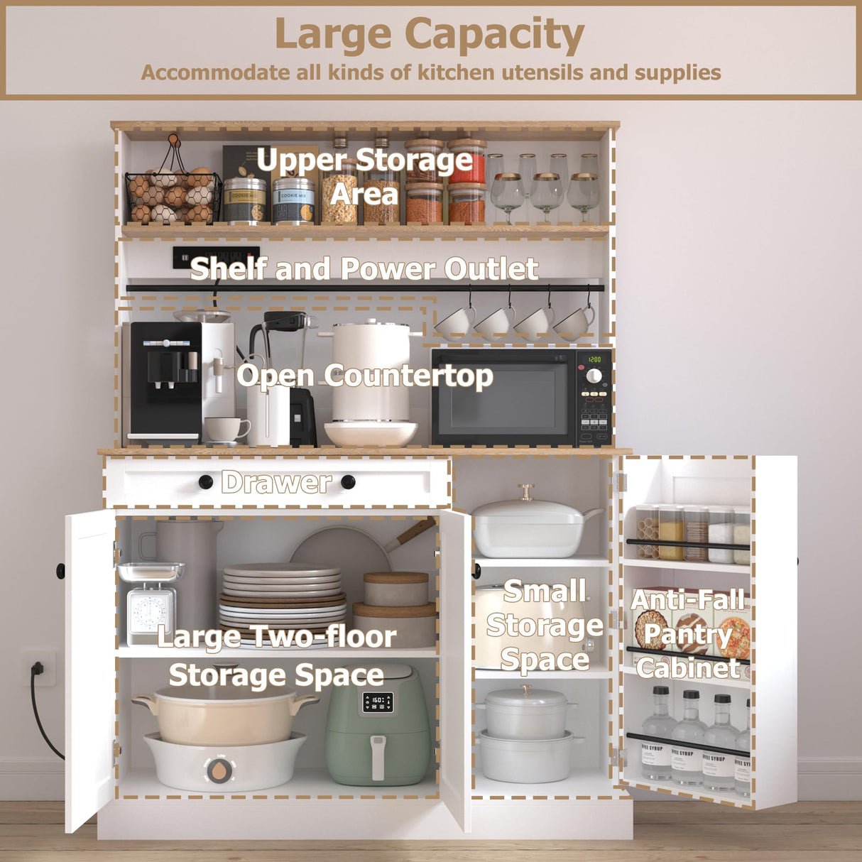 DEYAOPUPU Kitchen Pantry Cabinet,Kitchen Hutch Cabinet with Power Outlets,Doors and Adjustable Shelves,Freestanding Food Pantry with Large Storage Drawer for Dining Room, Living Room DEYAOPUPU