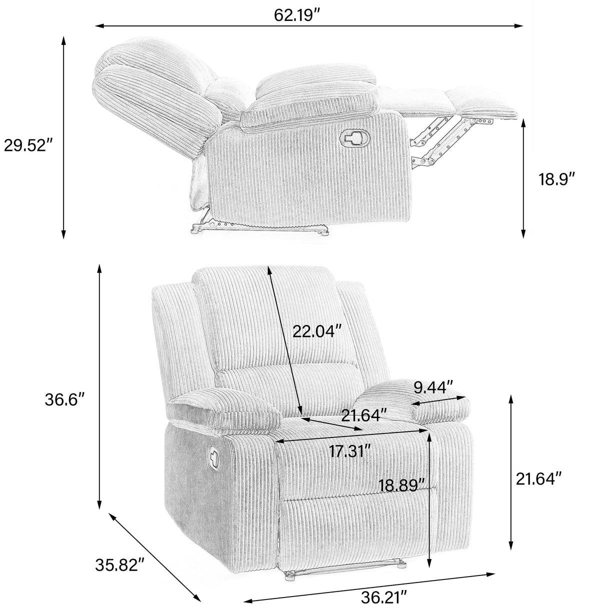 Recliner Chair Corduroy Recliners Sofa with Armrests & Backrest for Living Room, Bedroom, Nursery Push Back Armchair for Adults (Beige, Set of 1) DREAMSIDEA