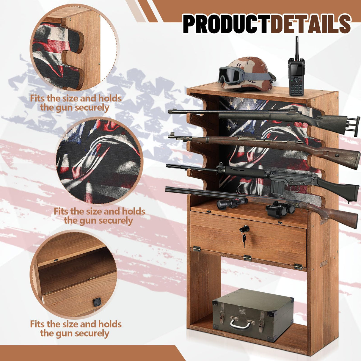 Colingmill Patriotic Wooden Gun Racks for 4 Rifles, American Flag Horizontal Gun Display Stand Cabinet Shelf with Storage Compartment for Shotgun Accessories, 35 x 20 x 13 Inch Colingmill