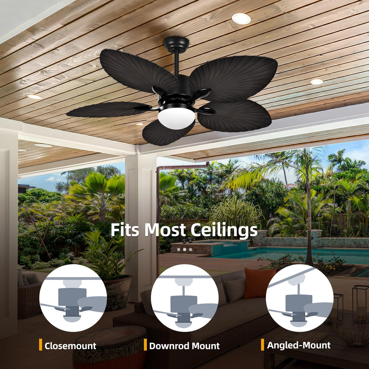 YITAHOME Tropical Ceiling Fan with LED Light and Remote, 52 Inch Outdoor Palm Leaf Fan for Patio with Memory Function, 5 Leaf Blades, Reversible DC Quiet Motor, for Porch, Farmhouse, Indoor, Brown YITAHOME