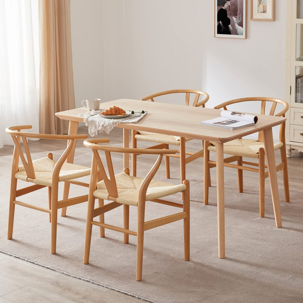 STARY Fully Assembled Wishbone Rattan Dining Room Chairs, Set of 4, Natural STARY