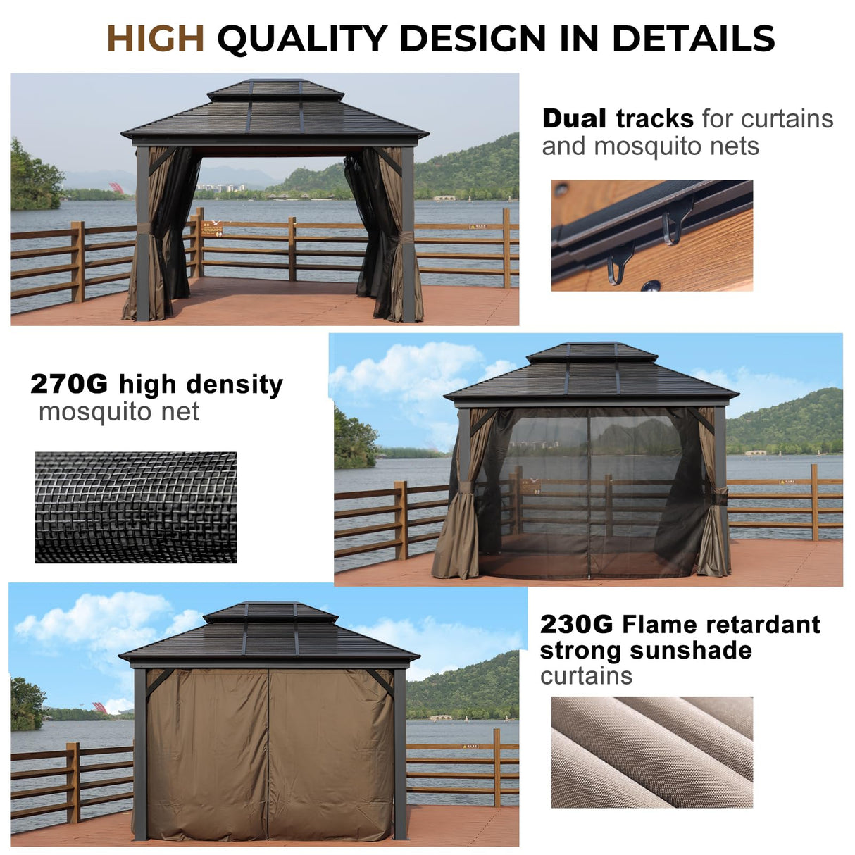 WELYAS Aluminum Hardtop Gazebo 10' X 12' Heavy Duty All Weather Black Gazebos with Galvanized Steel Double Metal Roof for Garden Patio Deck Backyard, Curtains and Netting Included WELYAS