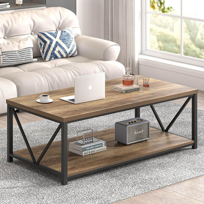 FOLUBAN Modern Coffee Table, Living Room Center Table with Storage, Wood and Metal Cocktail Table, Rustic Oak, 47 Inch
