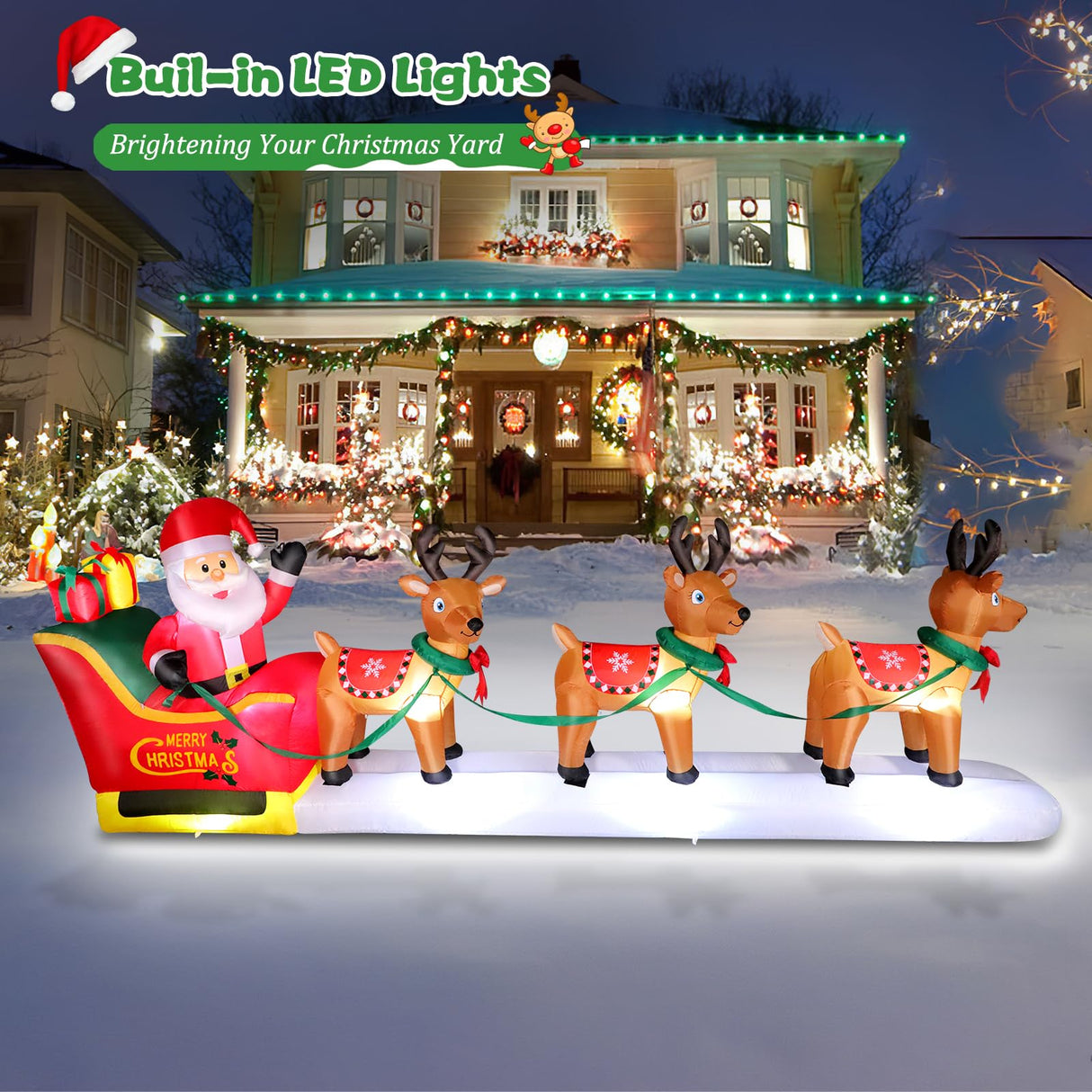 12FT Long Christmas Inflatables Santa Claus on Sleigh with 3 Reindeer Yard Decoration, Cute Blow Up Santa Xmas Decor with Bright LED Lights for Outdoor Garden Lawn Home Holiday Party Omdekor