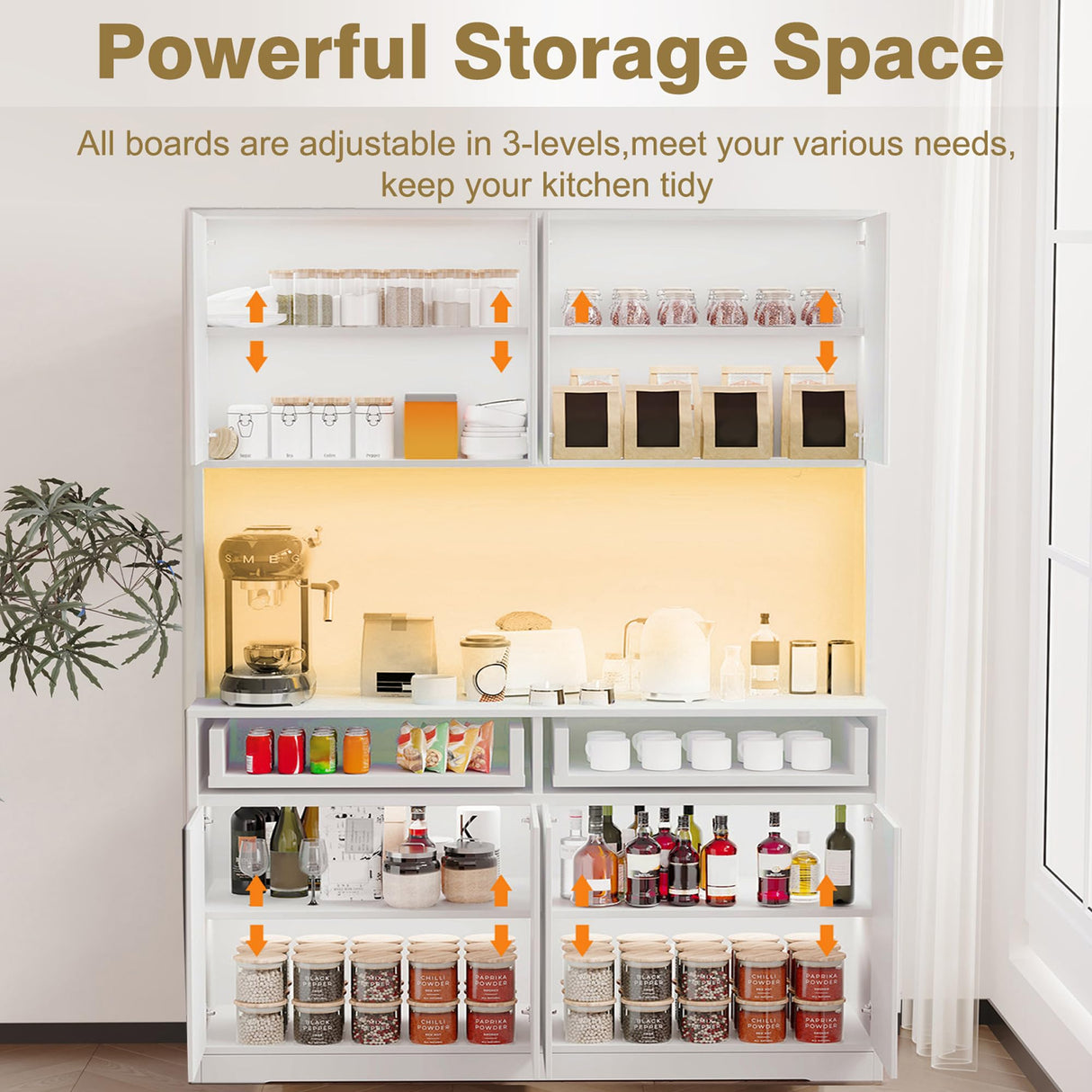 Hlivelood 71" Tall Kitchen Pantry Storage Cabinet w/Power Outlet and Led Light, Large Kitchen Hutch Pantry Cabinet w/ 2 Drawer and 8 Doors,Modern Freestanding Buffet Cabinet for Kitchen,Dining Room Hlivelood