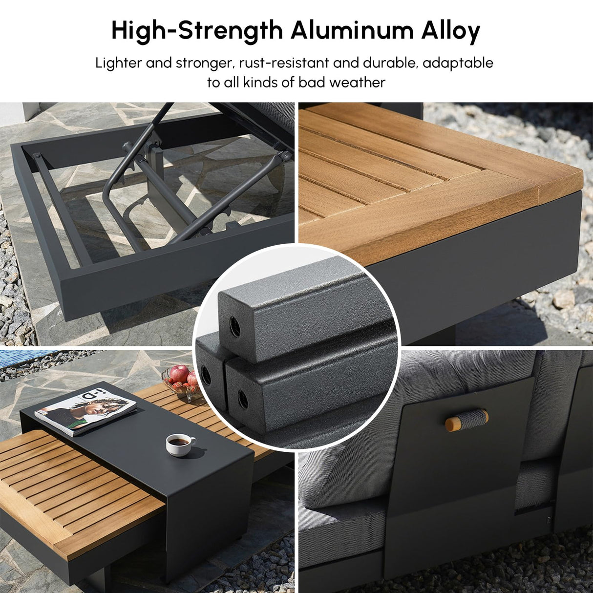 homary 6 Piece Aluminum & Teak Outdoor Sofa Set, Patio Conversation Sets Modular Outdoor Sofa with Fire Pit, Glass Wind Guard Ideal for Patios & Balconies homary