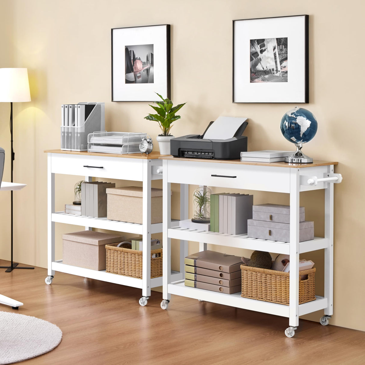 Yaheetech Kitchen Island Cart on Wheels with Bamboo Tabletop, 3-Tier Rolling Kitchen Island Microwave Cart with Drawer, Detachable Towel, 3 Hooks, 17″D × 37.5″W, White Yaheetech