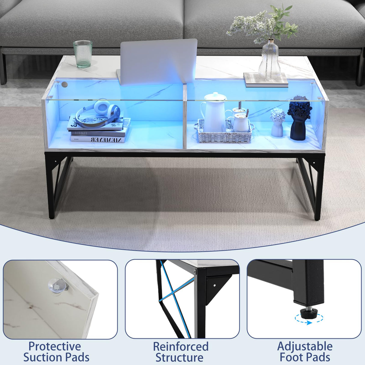 Tangkula LED Coffee Table, High Glossy Center Table with 4 Storage Cubes, Faux Marble & Tempered Glass Top, Adjustable Light Colors, Remote Control, Modern Cocktail Table for Living Room (White) Tangkula