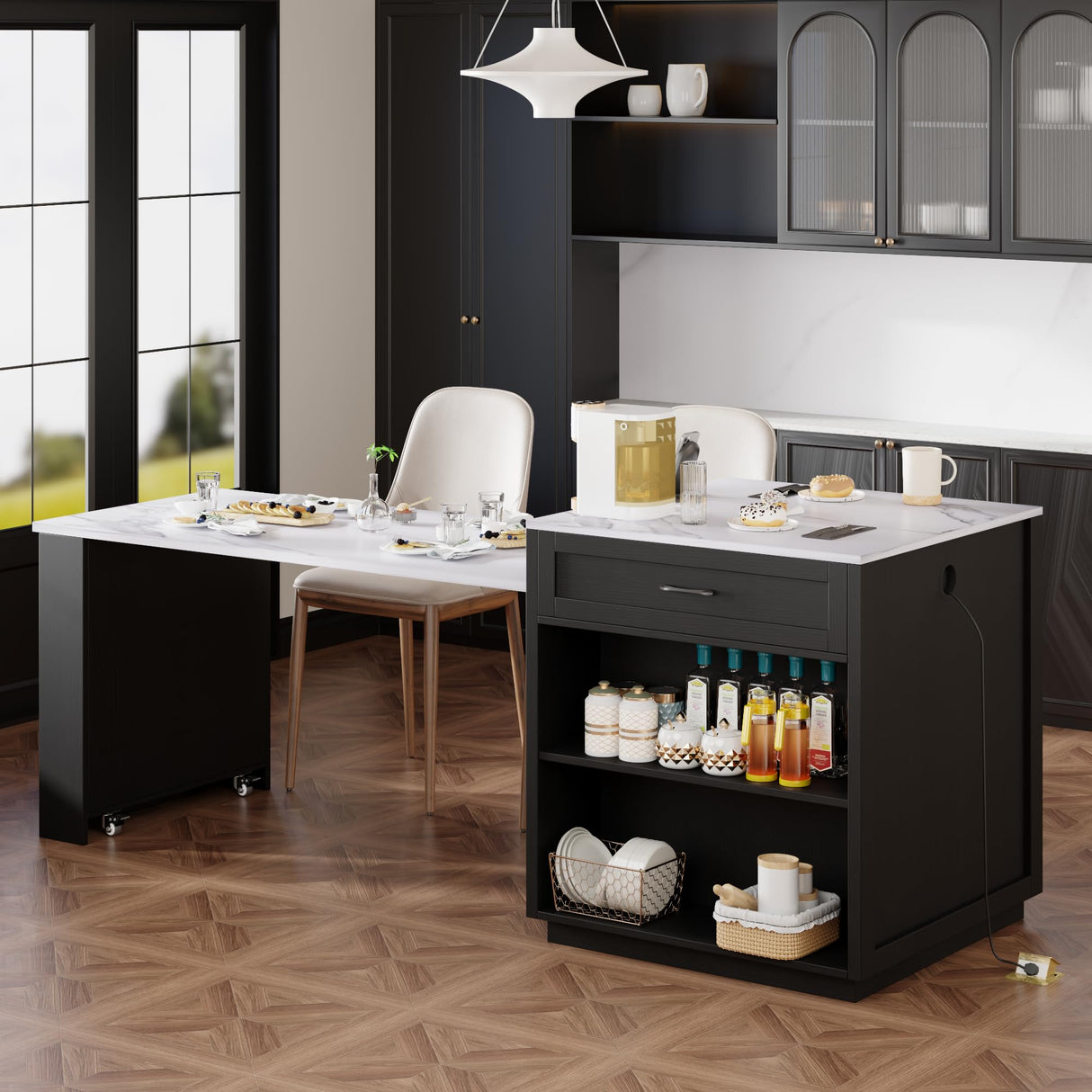 Quarte Modern Kitchen Island with Extendable Dining Table for 4-6 Person,Faux Mable Kitchen Table with Double-Sized Storage,Power Outlet,Storage 2 Drawers 2 Side Open Shelves (Black+Table) Quarte