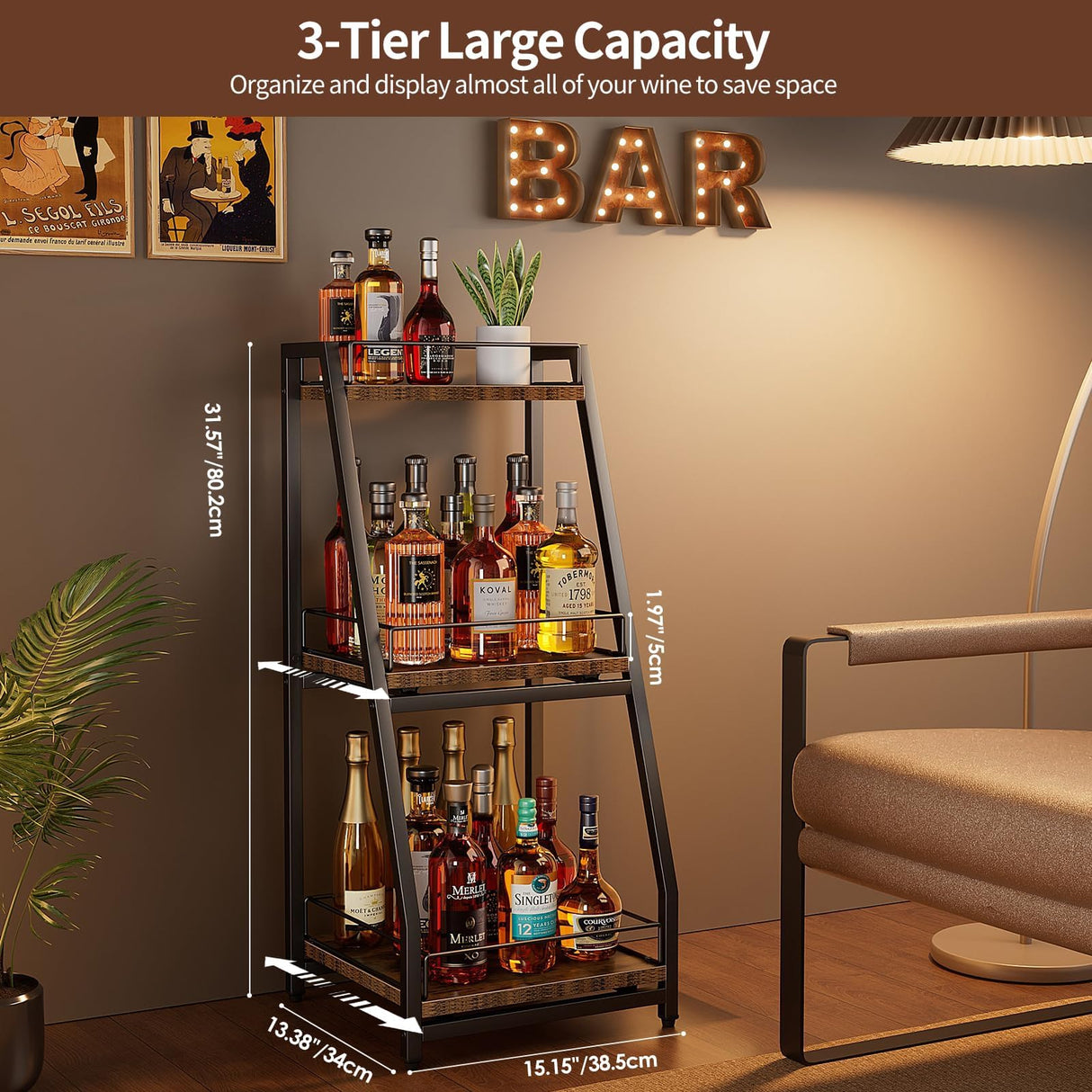 Nuovoware 3-Tier Stepped Liquor Cabinet Mini Bar, Wine Rack Freestanding Floor for Whiskey, Corner Liquor Bottle Display Shelf with Fences and Slide Drawer for Home Kitchen Dining Living Room, Black Nuovoware