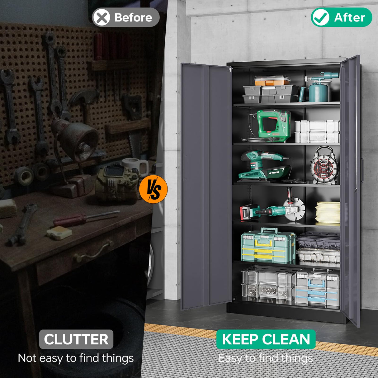 NODHM Metal Storage Cabinets with Lock, 71" Garage Storage Cabinet with 2 Door and 5 Adjustable Shelves, Steel Lockable Tool Cabinets for Home, Office, Gym, Garage NODHM