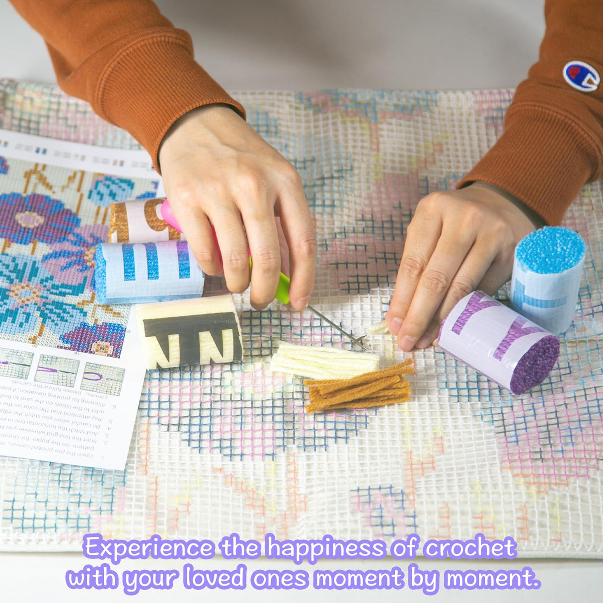 LAPATAIN Latch Hook Kits for DIY Throw Pillow Cover,Purple Flowers Pattern Needlework Cushion Cover Hand Craft Crochet for Great Family 17x17inch LAPATAIN