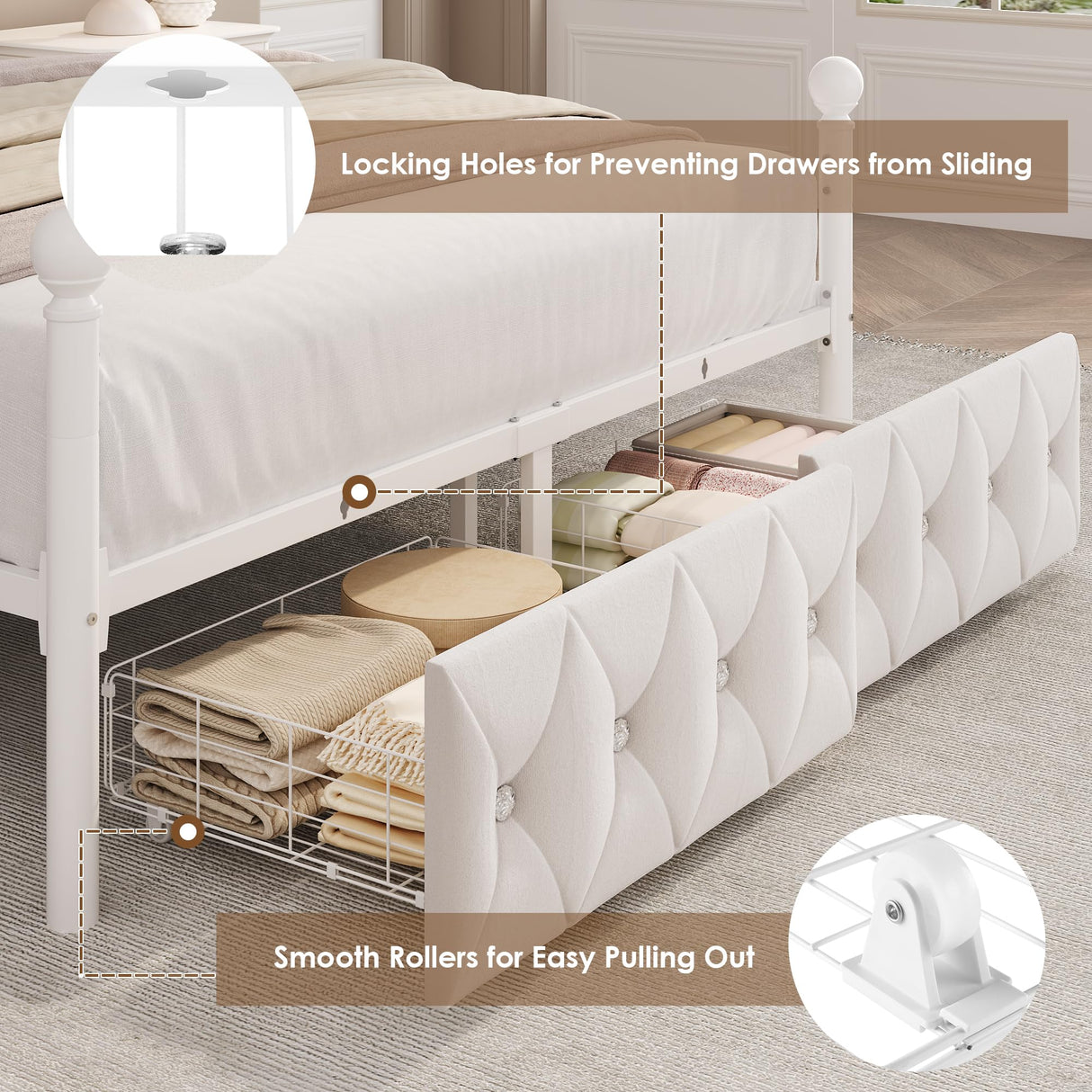 Queen Upholstered Canopy Bed Frame with 2 Drawers & Crystal Tufted Storage Headboard Metal Platform Bed with Charging Station & 4 Removable Posts No Box Spring Needed Curtain Not Included, Beige Keyluv