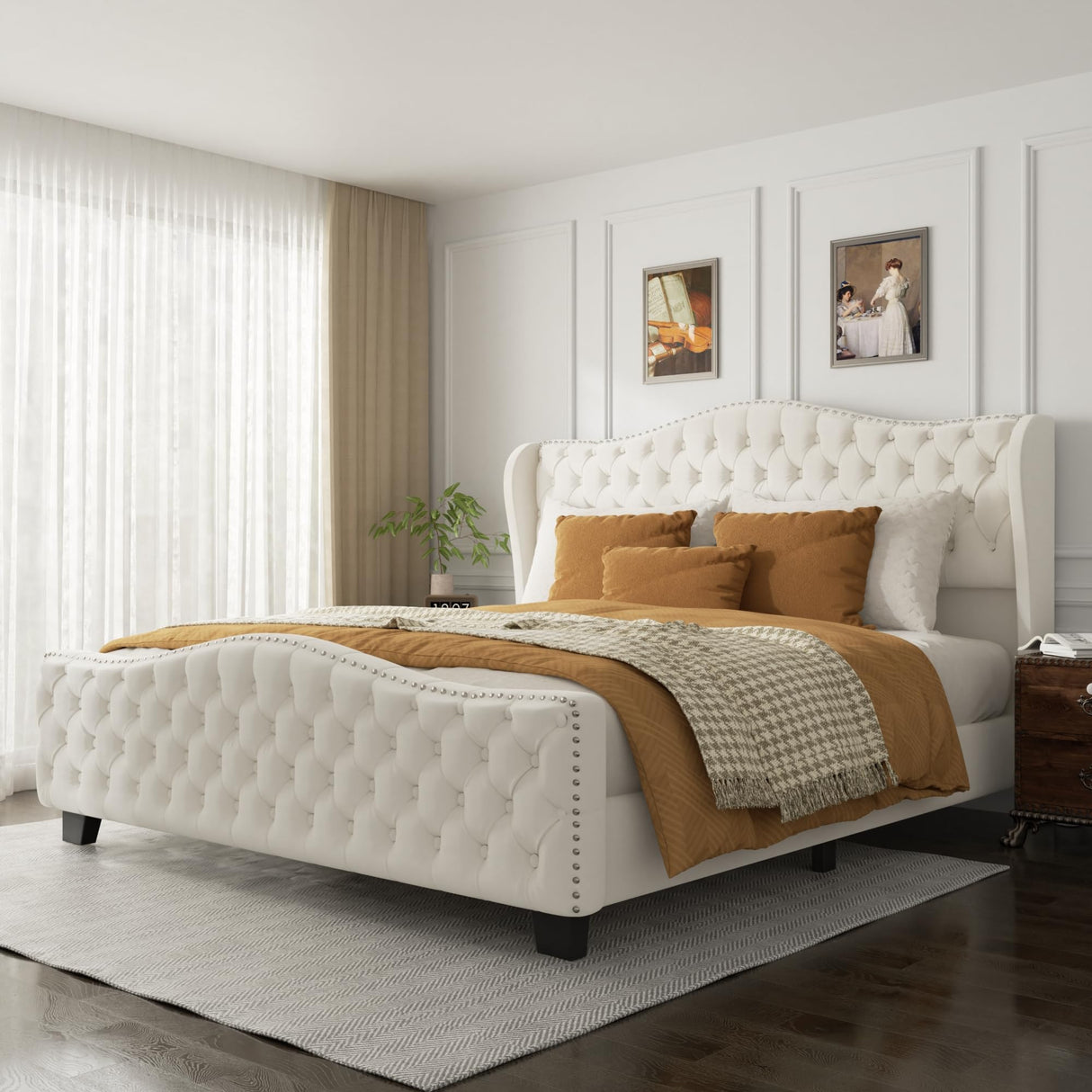 viplov King Size Platform Bed Frame with 51-inch Tall Camelback Headboard & Wingback, Deep Button Tufted Footboard with Nailhead Trim, No Box Spring Needed, Cream viplov