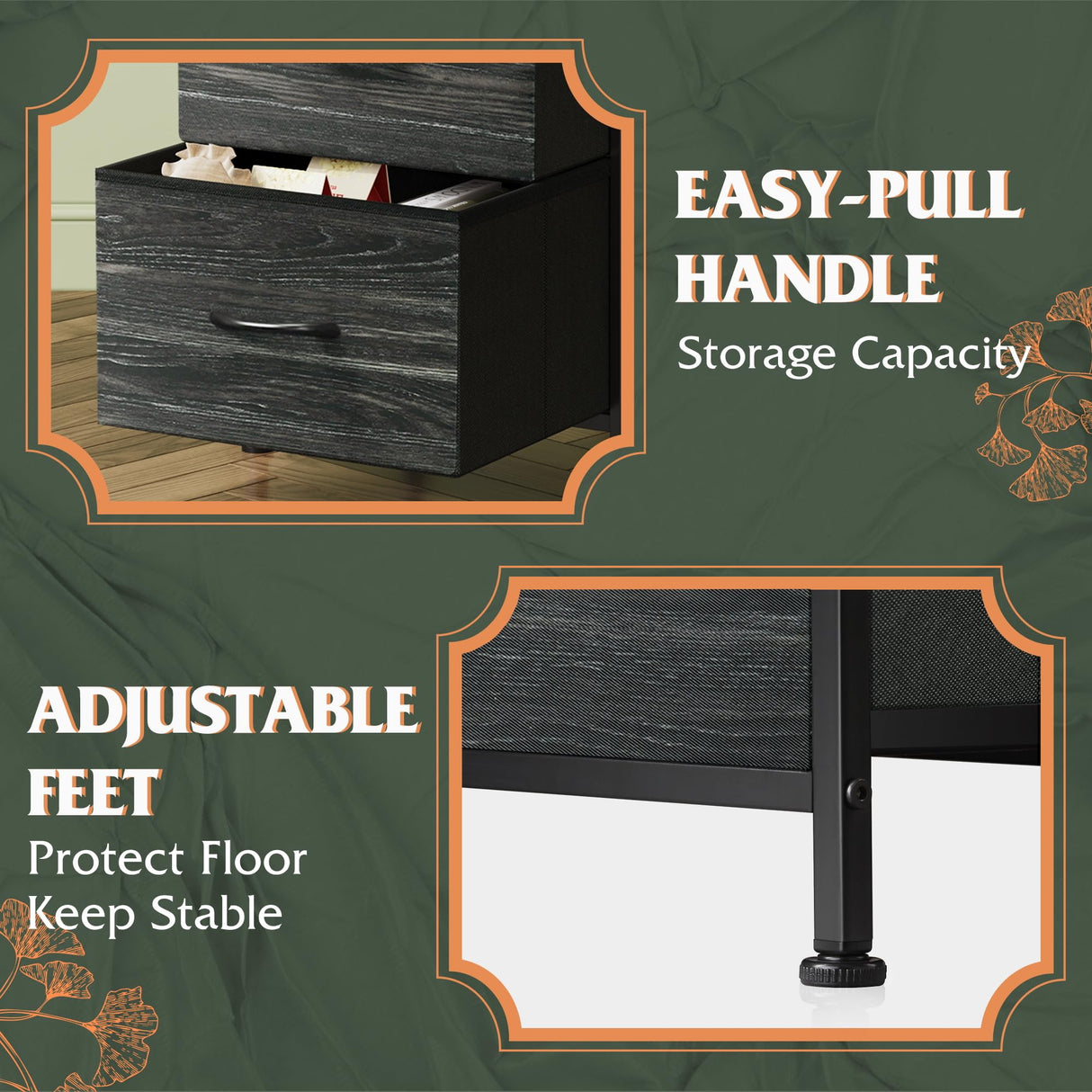 WLIVE Nightstand with 3 Drawers, Fabric Dresser, Organizer Unit, Storage Dresser for Bedroom, Hallway, Entryway, Closets, Steel Frame, Wood Top, Easy Pull Handle, Charcoal Black Wood Grain Print WLIVE