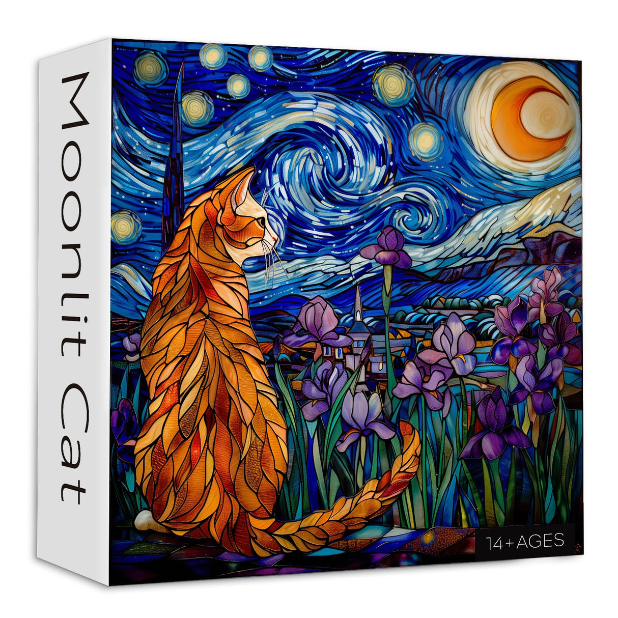 Cat Puzzles for Adults 1000 Pieces, PICKFORU Stained Glass Puzzles Feature Purple Iris Flowers, Starry Night, Moonlit Cat Flower Jigsaw Puzzle for Cat Lovers PICKFORU