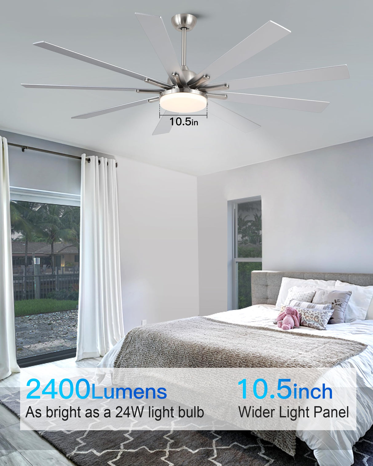 POCHFAN 72 inch Ceiling Fans with Lights and Remote, Large Ceiling fan with 9 Wooden Blades for Kitchen Living Room Indoor or outdoor Patio,Quiet 3 CCT,6 Speed, Brushed Nickel POCHFAN