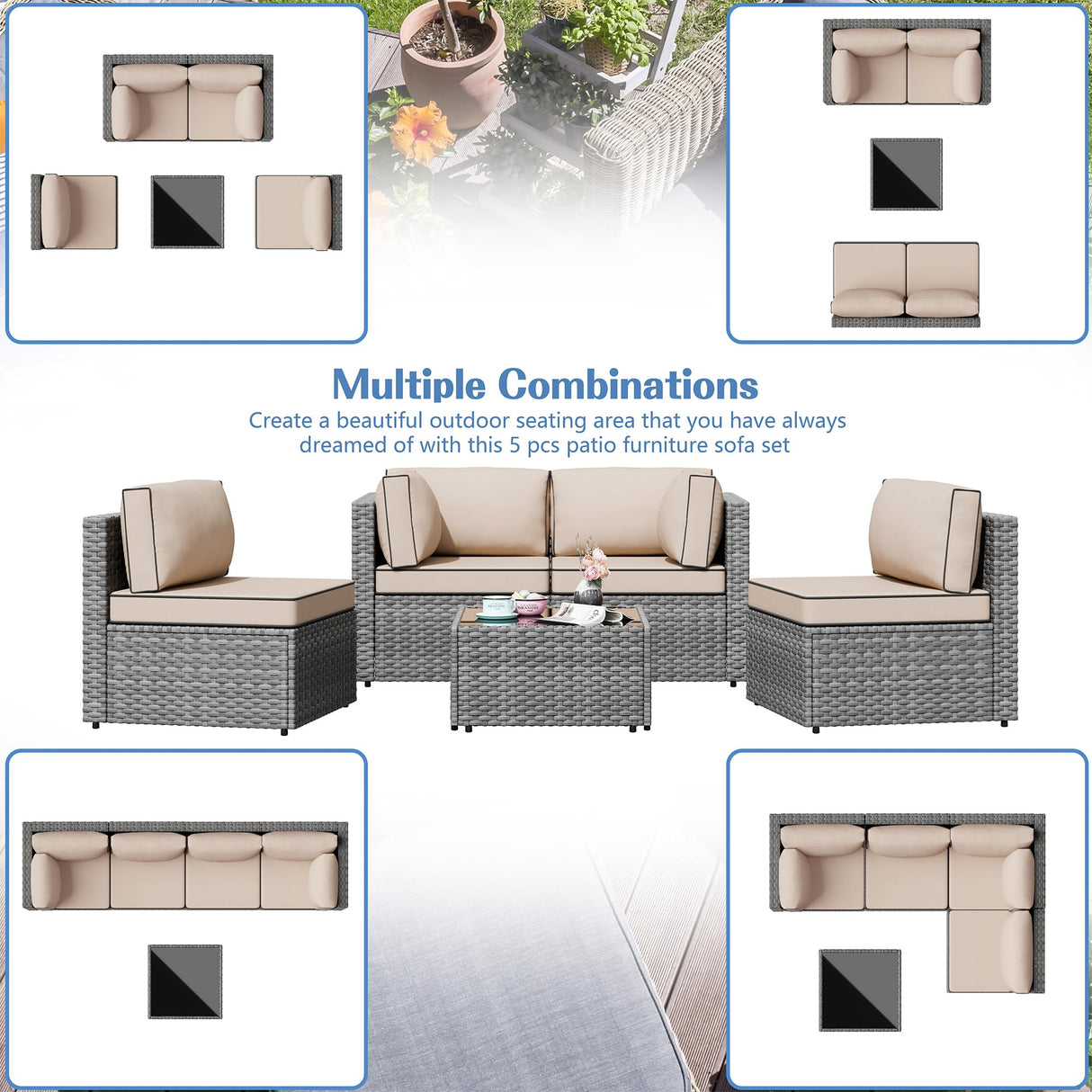Shintenchi 5 Pieces Outdoor Patio Furniture Sets, Patio Sectional Sofa Couch, Gray PE Wicker Furniture Modular Patio Conversation Sets Patio Sofa with Washable Cushions & Table(Khaki) Shintenchi
