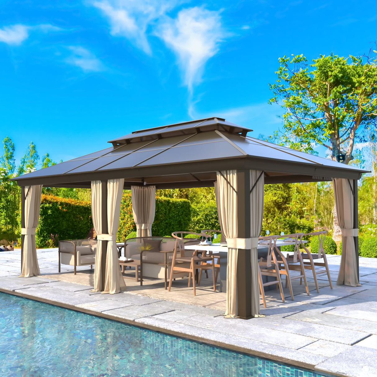 YOLENY 12'x20' Hardtop Gazebo, Outdoor Polycarbonate Double Roof Canopy, Aluminum Frame Permanent Pavilion with Curtains and Netting, Sunshade for Garden, Patio, Lawns YOLENY