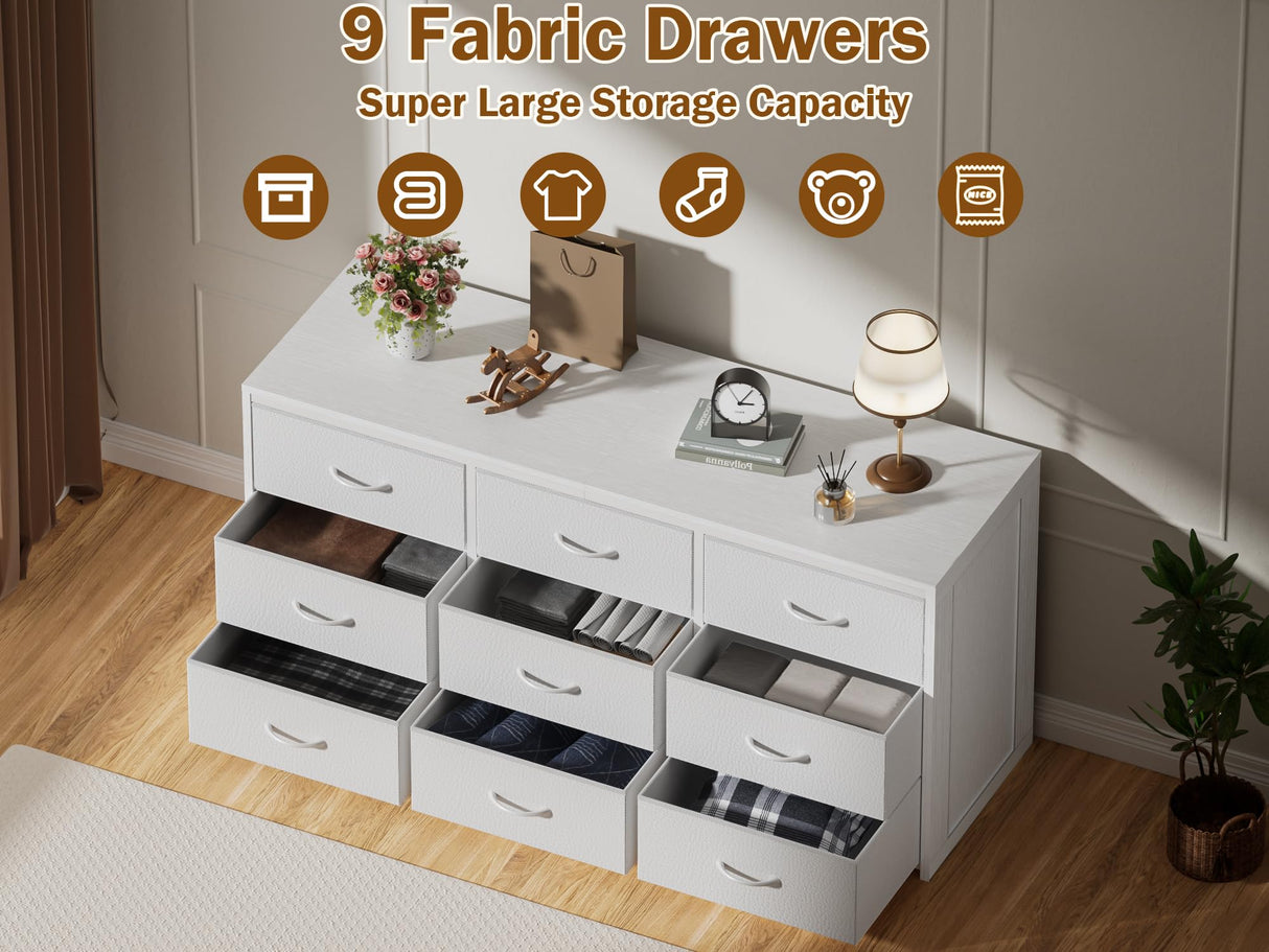 OURPIC Dresser for Bedroom with 9 Drawers, 55 Inch White Dresser TV Stand for 55, 60, 65 Inch TV, Wood Top and Side, Fabric Drawers, Storage, Dressers for Closet, Living Room, Hallway, Entryway OURPIC