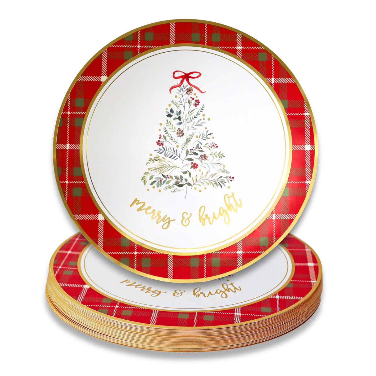 Kate Aspen 13" Disposable Holiday Placemats/Chargers, 24-Pack – Spillproof & Durable Merry & Bright Christmas Tree Design & Festive Red & Green Plaid Border Kate Aspen