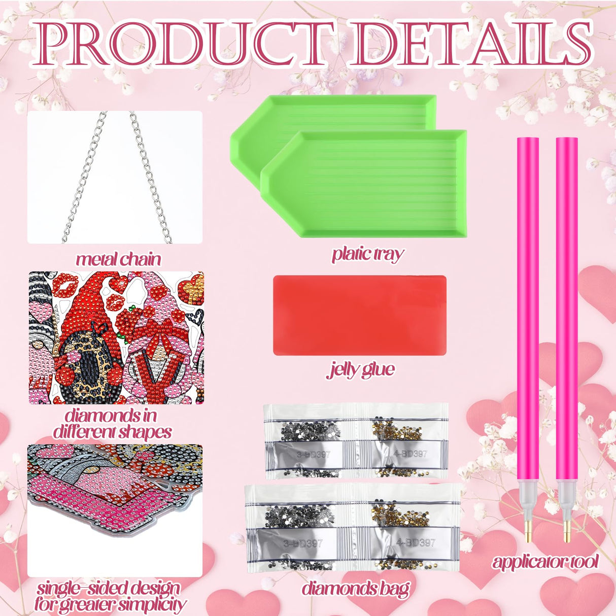 Burbell 3 Pcs Diamond Art Painting Kits - Heart, Love & Gnome Truck Hanging Ornaments & Signs - DIY Painting Art Kits for Adults - Valentine's Day, Window, Door & Wall Decorations Burbell