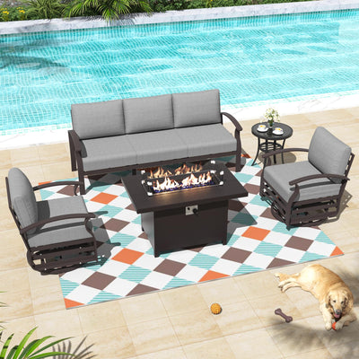 ALAULM Aluminum Patio Furniture Set with Propane Fire Pit Table 5-seat Metal Outdoor Furniture w/Fire Pit Patio Sectional Sofas w/5.2" Cushions for Patio, Backyard, Poolside-Grey