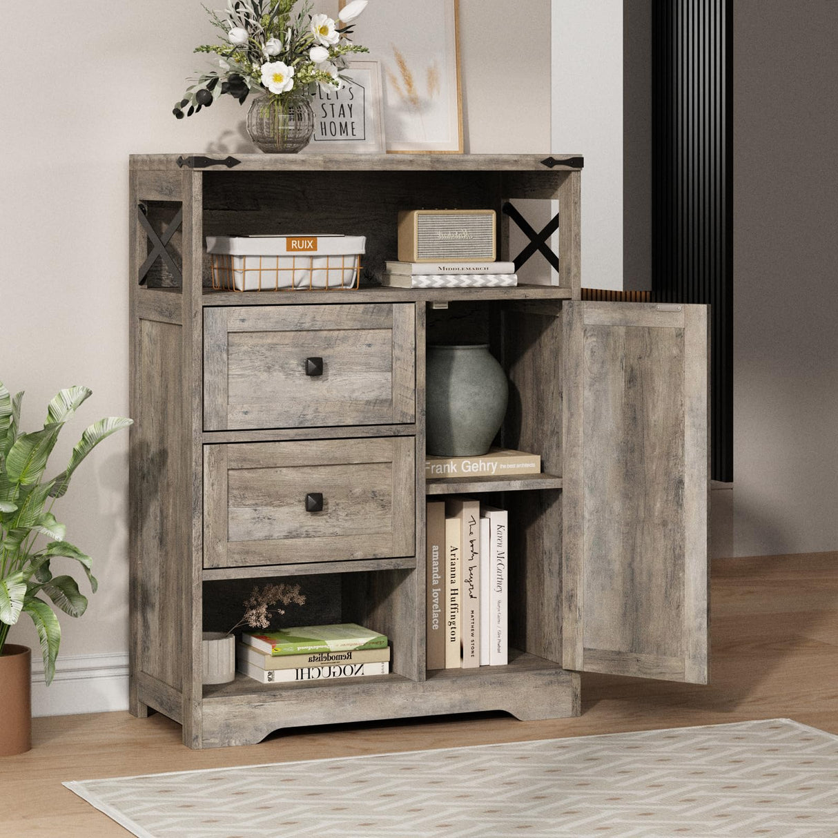 Fameill Farmhouse Storage Cabinet with 2 Drawers&Shelves,Freestanding Storage Cabinet with Doors&Open Storage,Floor Storage Cabinet for Living Room,Bathroom,Kitchen,Laundry,Grey Fameill