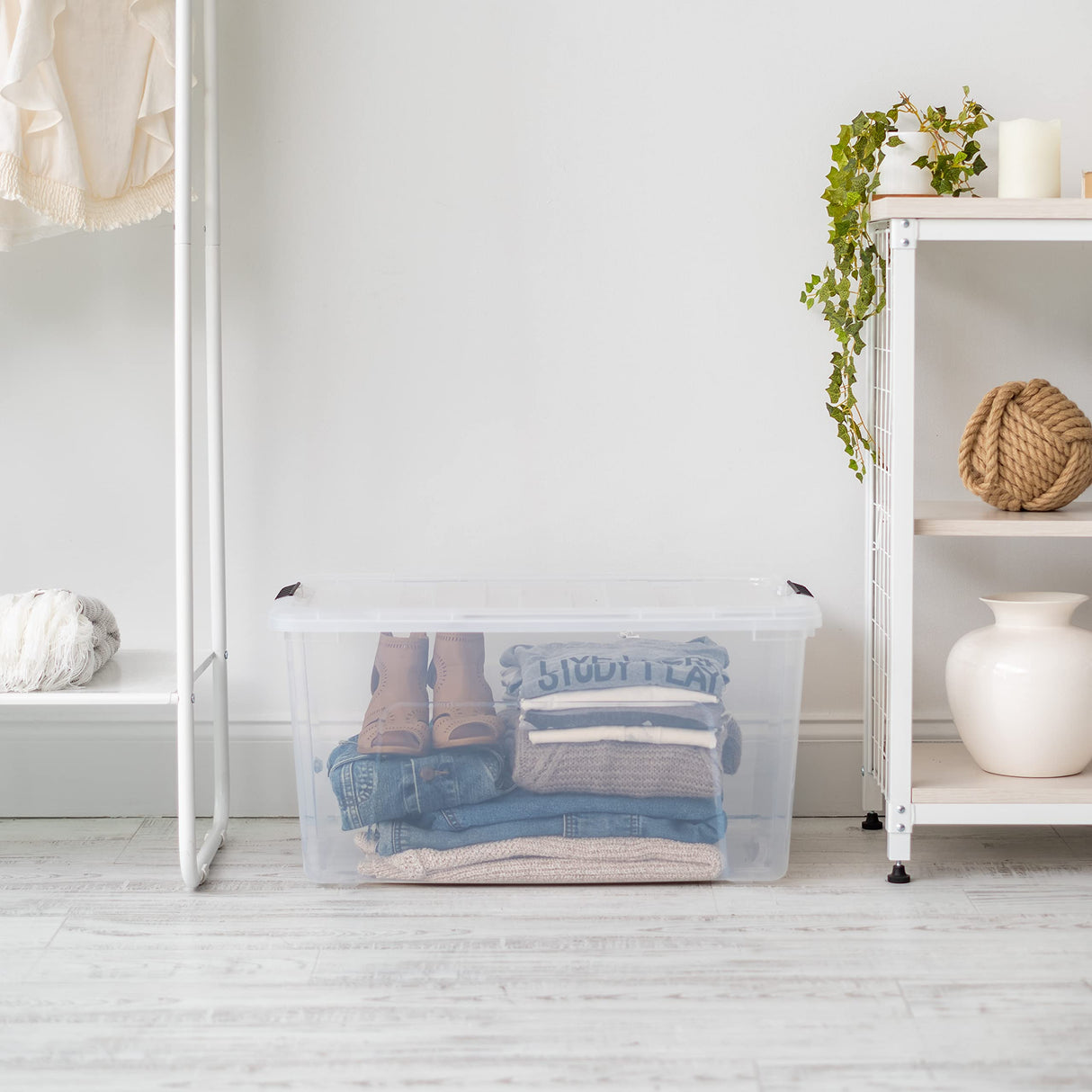 IRIS USA 72 Qt Stackable Plastic Storage Bins with Lids, 4 Pack - BPA-Free, Made in USA - See-Through Organizing Solution, Latches, Durable Nestable Containers, Secure Pull Handle - Clear Iris Ohyama