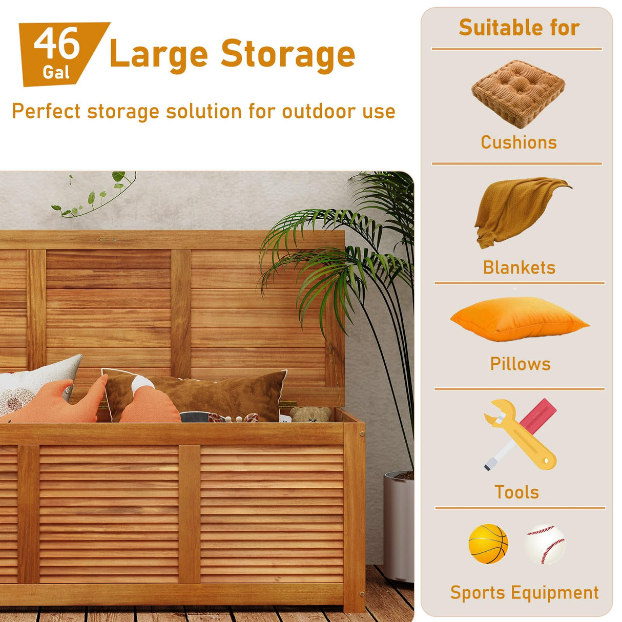 RELAX4LIFE Deck Box Acacia Wood, 46 Gallon Backyard Storage Bin Container for Patio Furniture Cushions, Pillows, Garden Tools, Pool Accessories, Wooden Porch Bench, Indoor Outdoor Storage Box (46 Gal) RELAX4LIFE