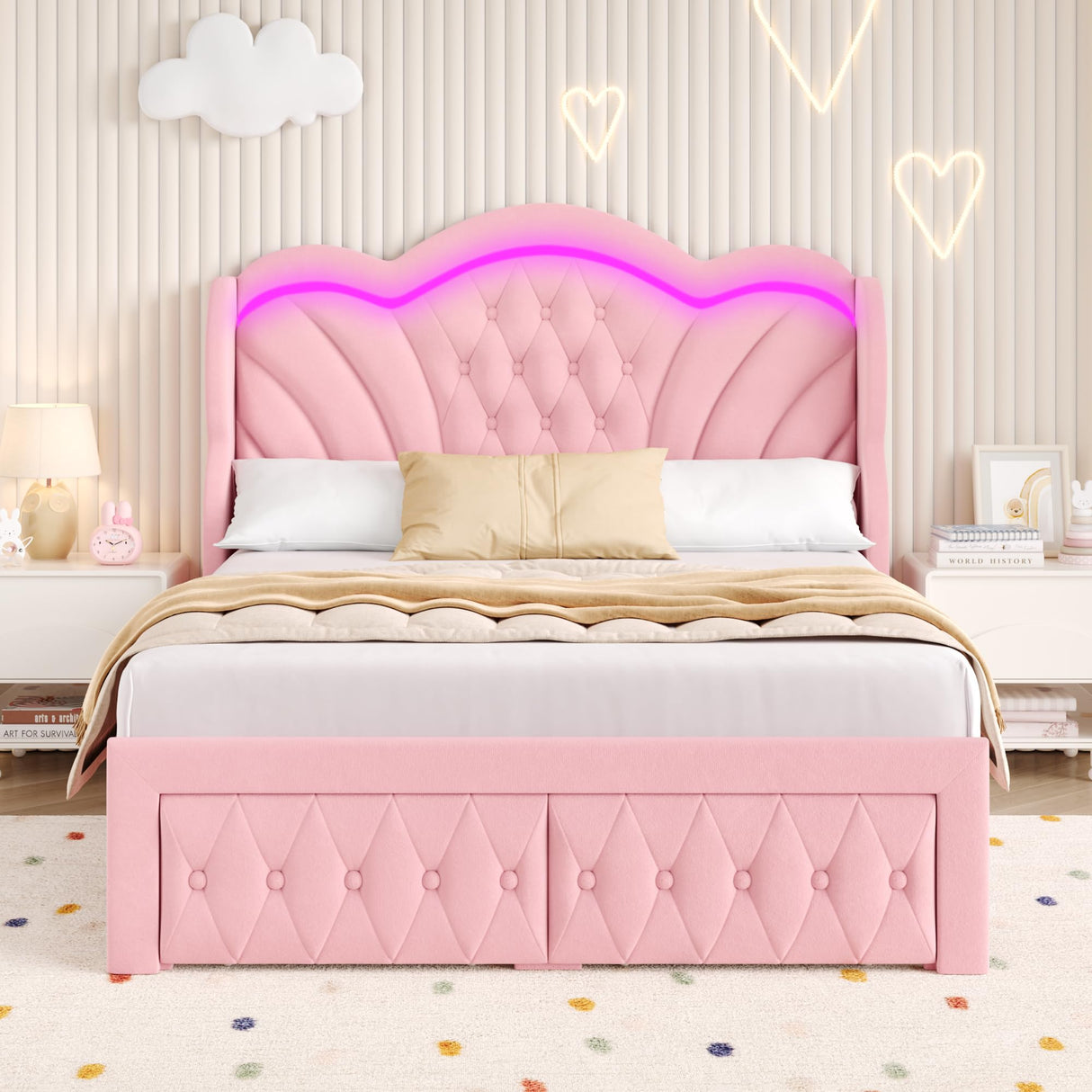 Keyluv Queen Bed Frame Arc-Shaped LED Lights and 47.2" Height Wingback Bed, Button Tufted Headboard and Footboard with Storage Drawer, Velvet Upholstered Platform Bed Frame No Box Spring Needed, Pink Keyluv