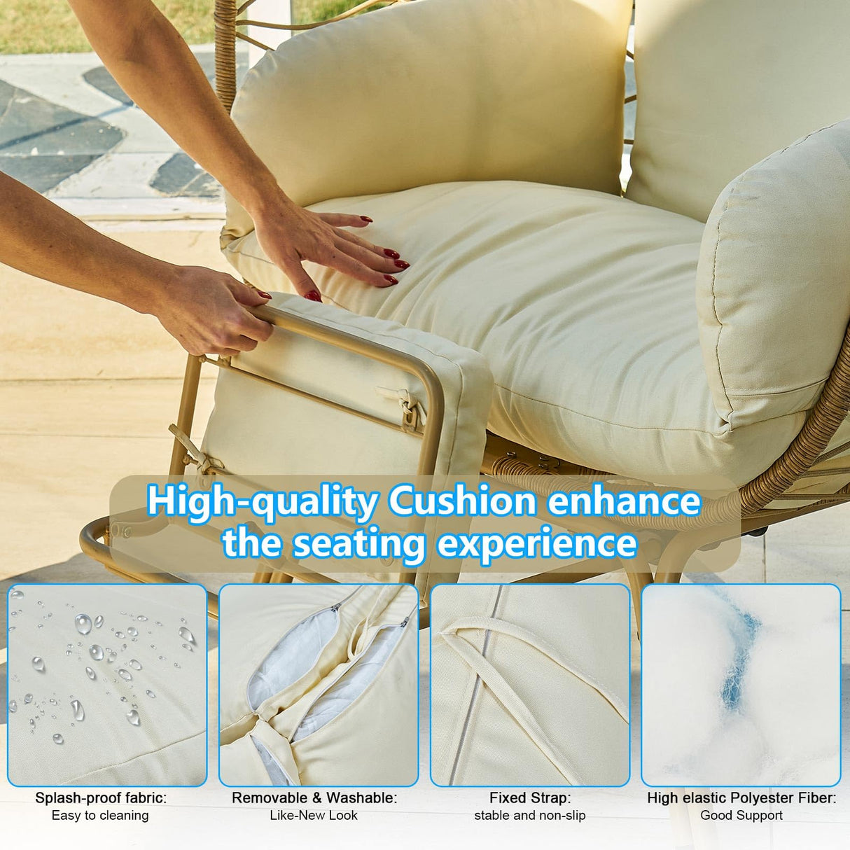 Outlux Wicker Egg Chair with Cushion & Footrest - Oversized 450lb Capacity Boho Hanging Chair for Indoor/Outdoor - Beige Rattan Lounge Seat for Patio, Balcony, Garden Outlux