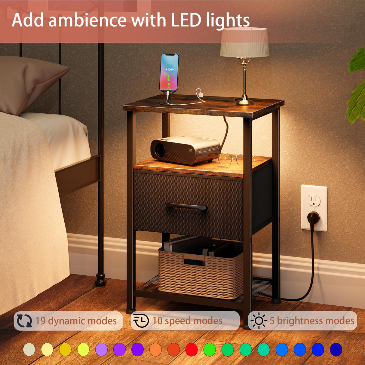 LAKEMID Nightstands Set of 2 with Charging Station and Drawer, End Table Bedside Table with 20 Colors LED Light Strip and 2 Layers Shelf for Bedroom Living Room Sofa (Rustic Brown) LAKEMID