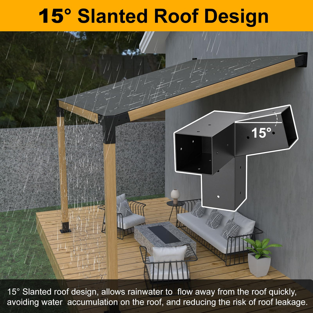 Heavy Duty 15°Slanted Roof Wall Mount 4x4 Pergola Bracket Kit,TROPTOLKY Angled 4x4 Wood Post Bracket,DIY Pergola Gazebo Kit 3-Way(6PCS) TROPTOLKY