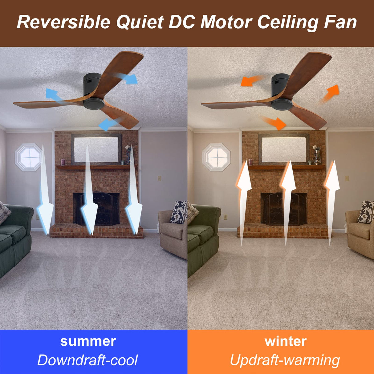 Sofucor 52" Low Profile Ceiling Fan with Remote Control, Outdoor Ceiling Fan No Light with 3 Walnut Blades, Multi-speed, Timer, Reversible DC Motor for Patio Living Room Bedroom Office Black Sofucor